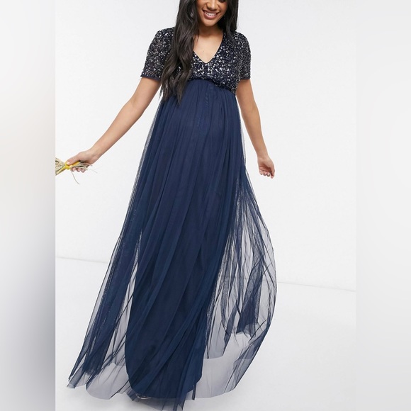 ASOS Maya Maternity Short Sleeve Maxi Dress Formal Gown Tulle Sequins Navy US 10 - Picture 1 of 6